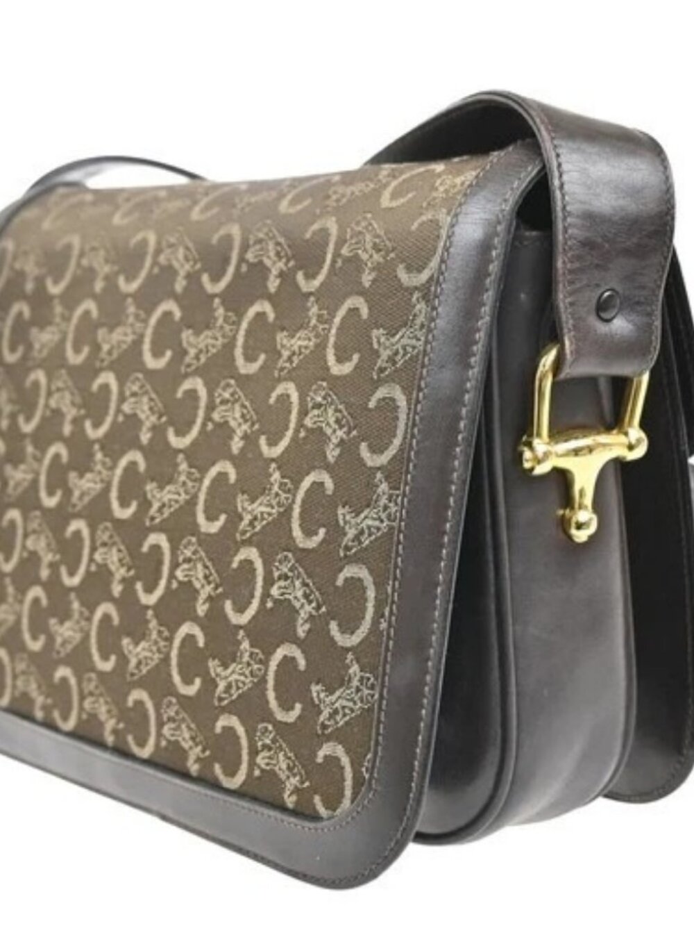 CELINE Logo C Macadam Horse Carriage Shoulder Bag Canvas Leather Brown 34KP553 - Picture 3 of 16